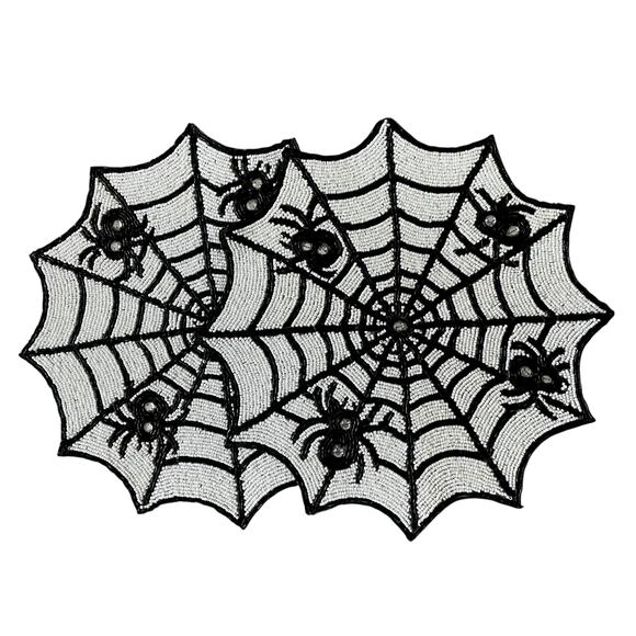 2pc Rachel Zoe Halloween Spider Web Beaded Placemat Charger 15in Black & White - Picture 1 of 11
